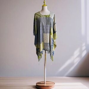 0025/ Green Blue Color Poncho with fringed, Batik Poncho
